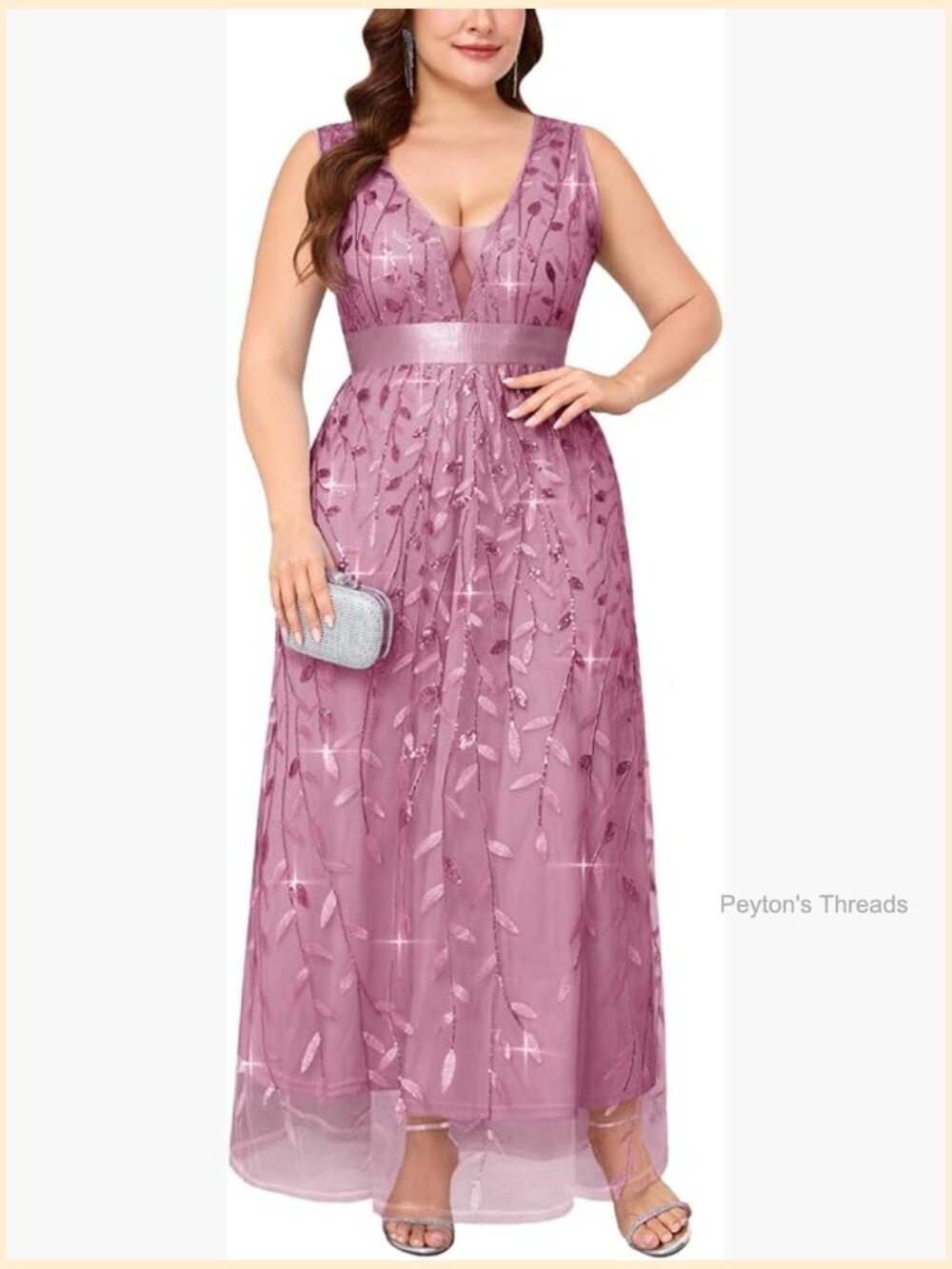 Plus Size Sequin Embroidery Deep V-Neck Sleeveless A-Line Maxi Prom Dress